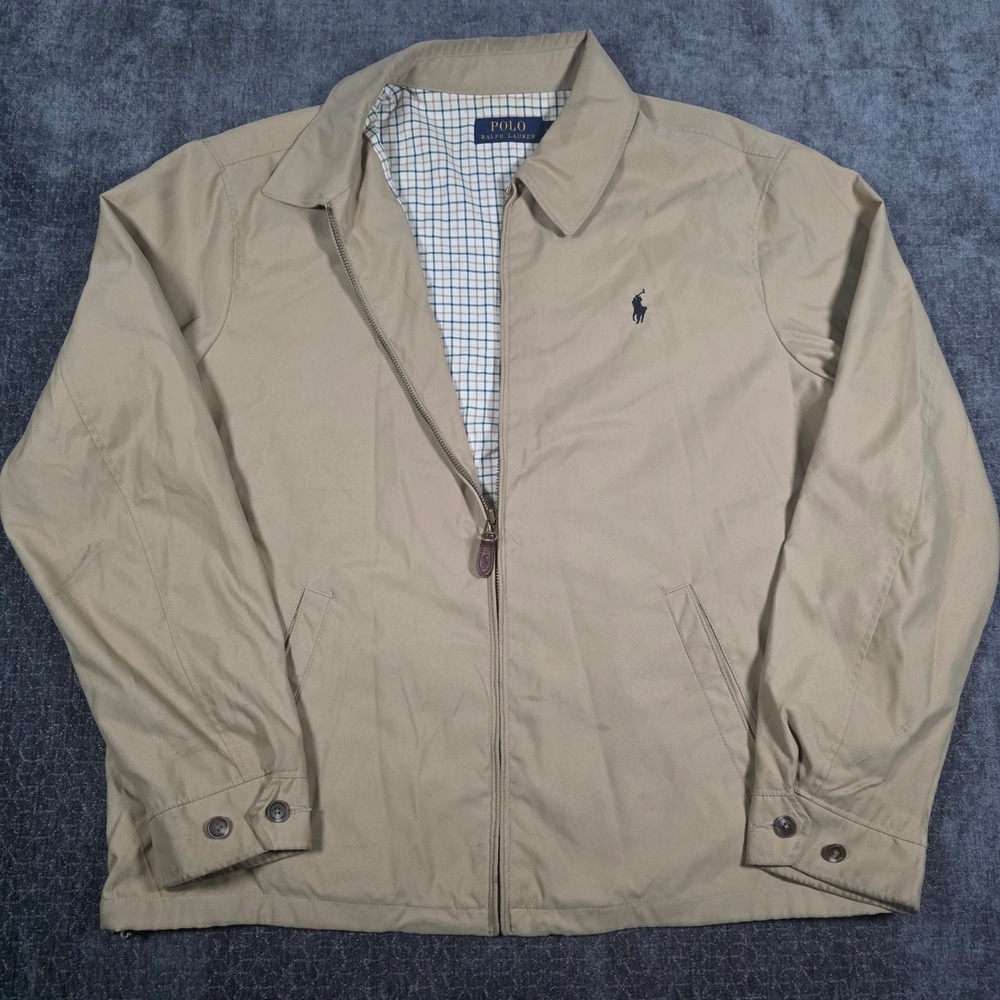 Polo Ralph Lauren Mens L Harrington Jacket Tan Khaki Plaid Lined Bi Swing Large